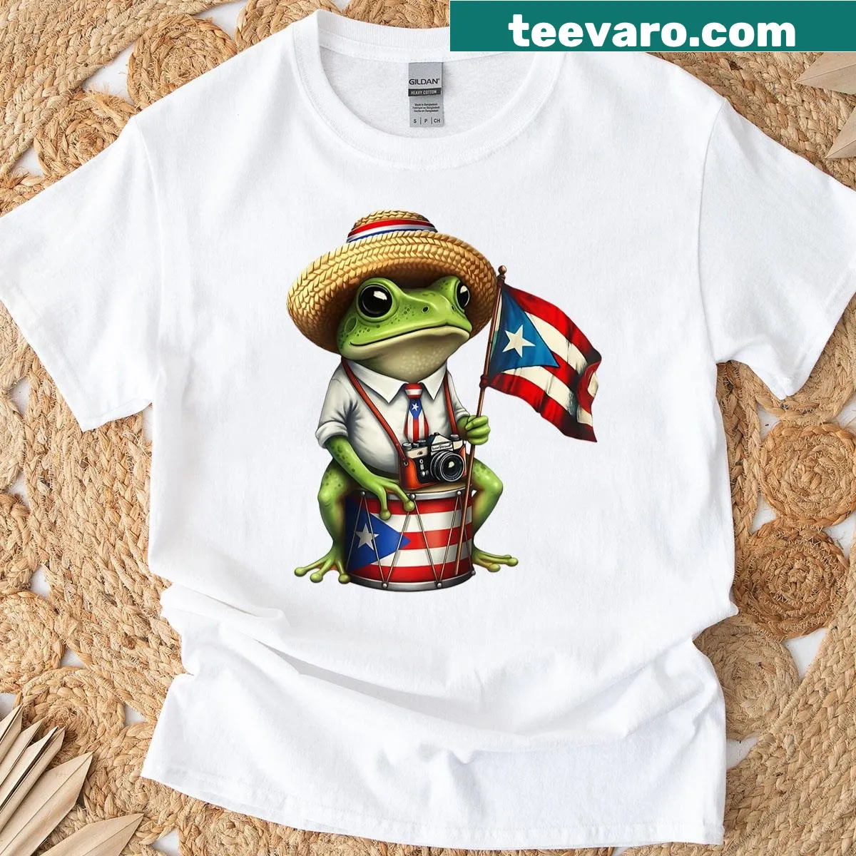 Frog t-shirt featuring the Puerto Rico flag and cultural symbols — on a men's t-shirt