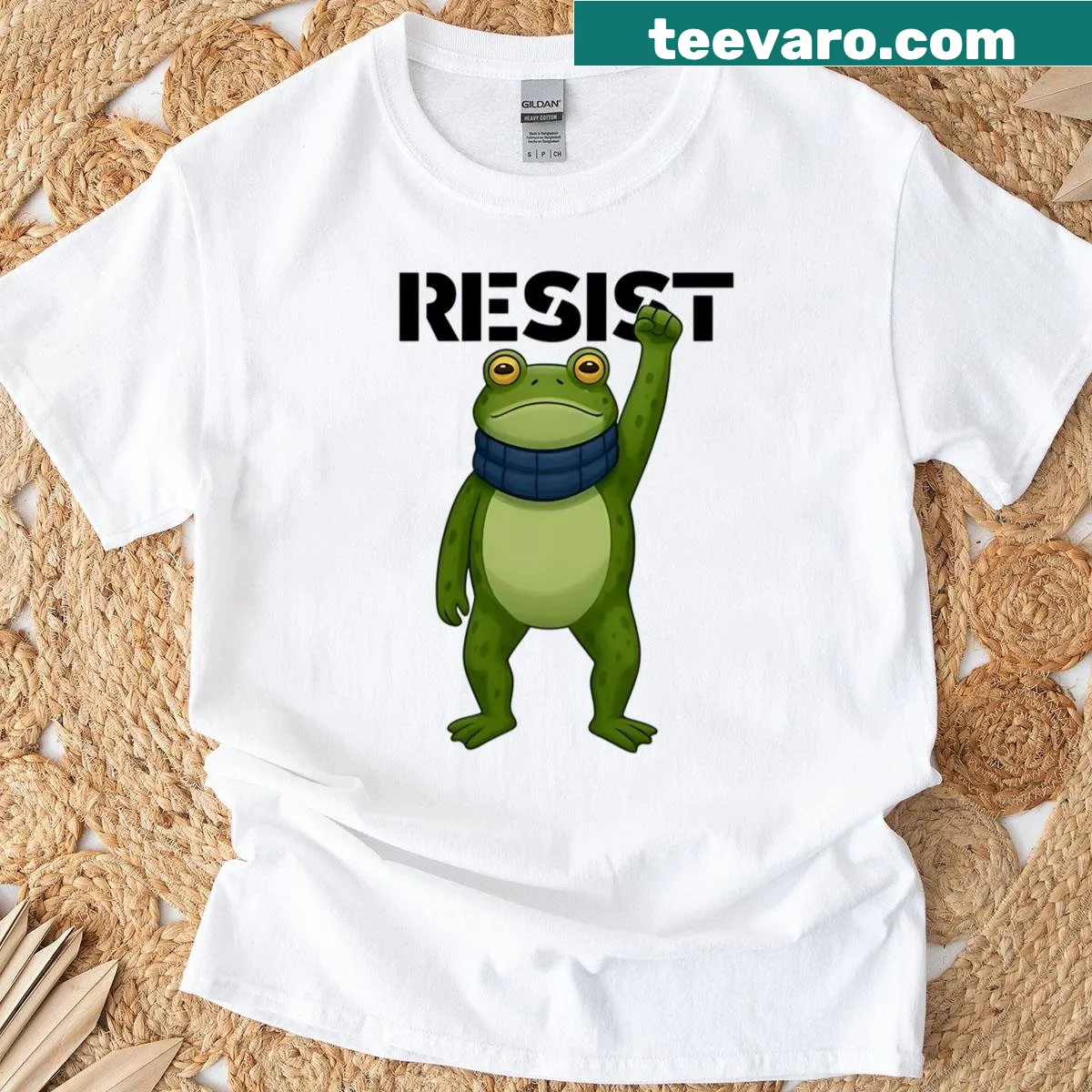 Playful frog activist shirt with text 'No King In America' — on a men's t-shirt