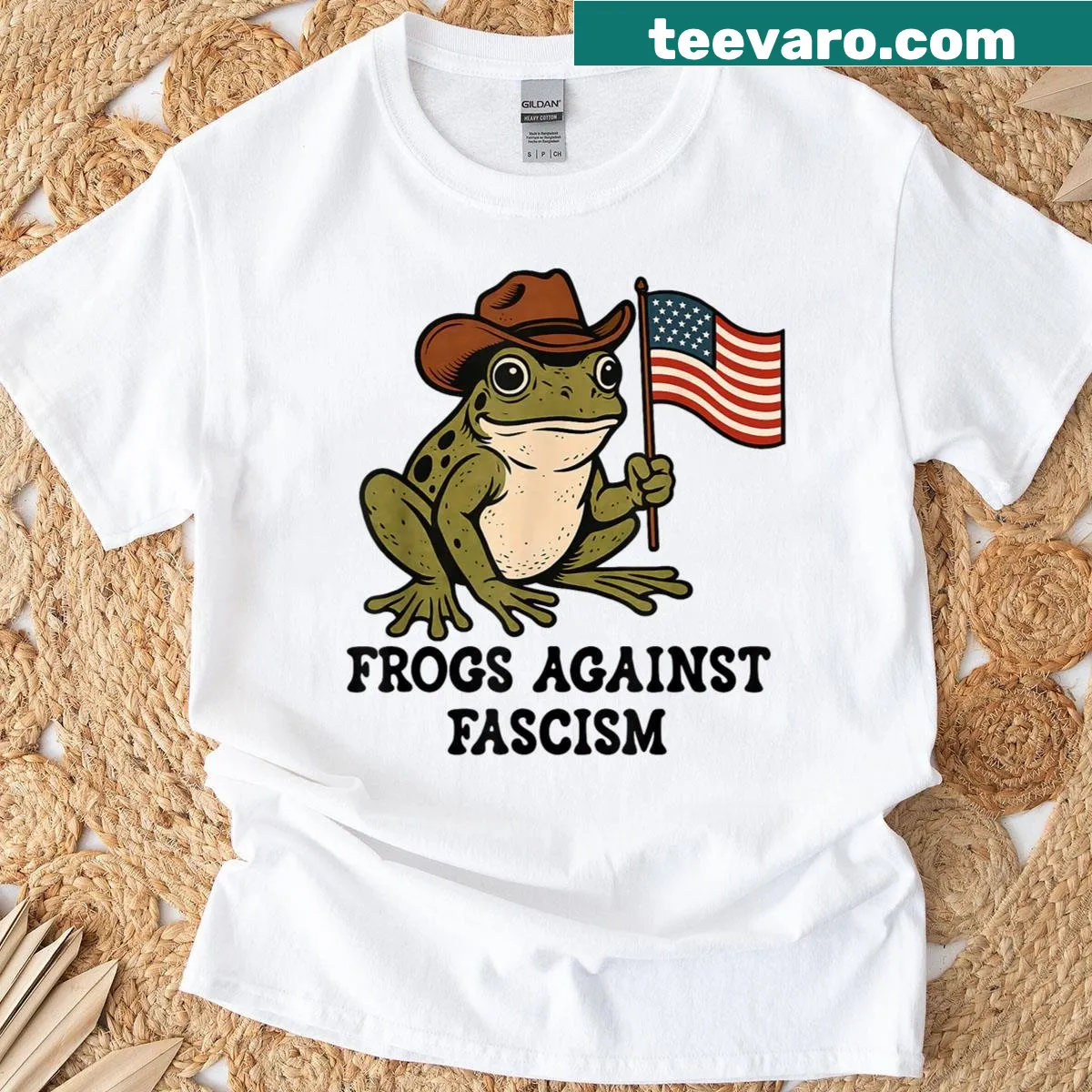 Illustrative frogs against fascism design on a t-shirt — on a men's t-shirt