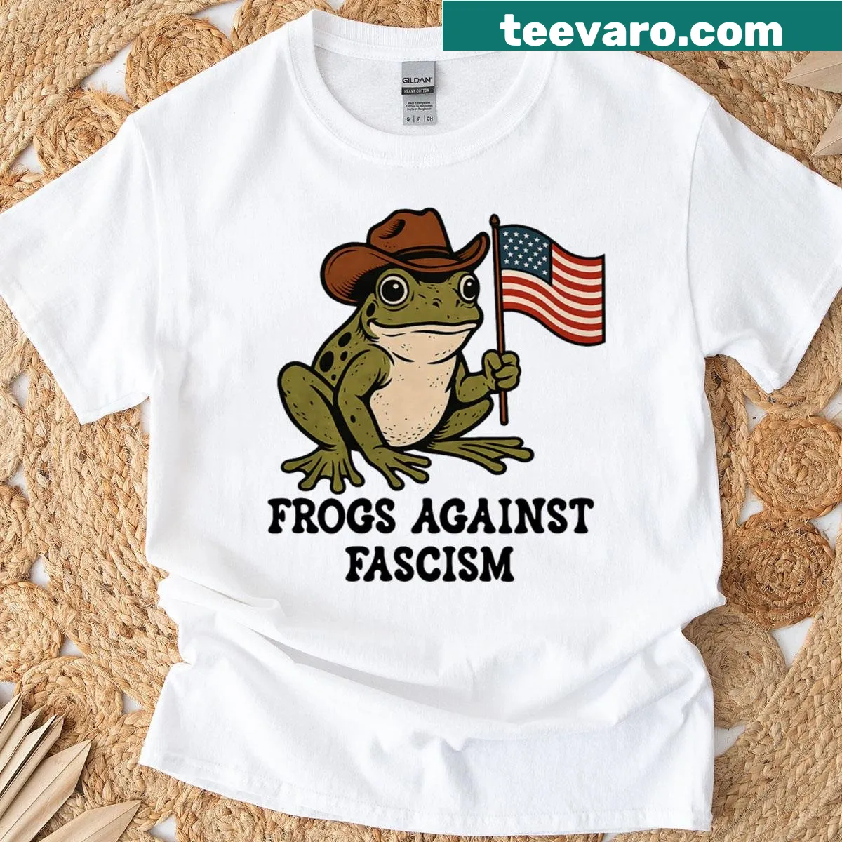 Humorous frog shirt with 'Frog Off To Fight Fascism' text — on a men's t-shirt