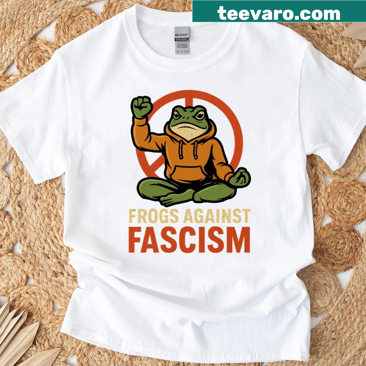 Whimsical frog protest design t-shirt — on a men's t-shirt