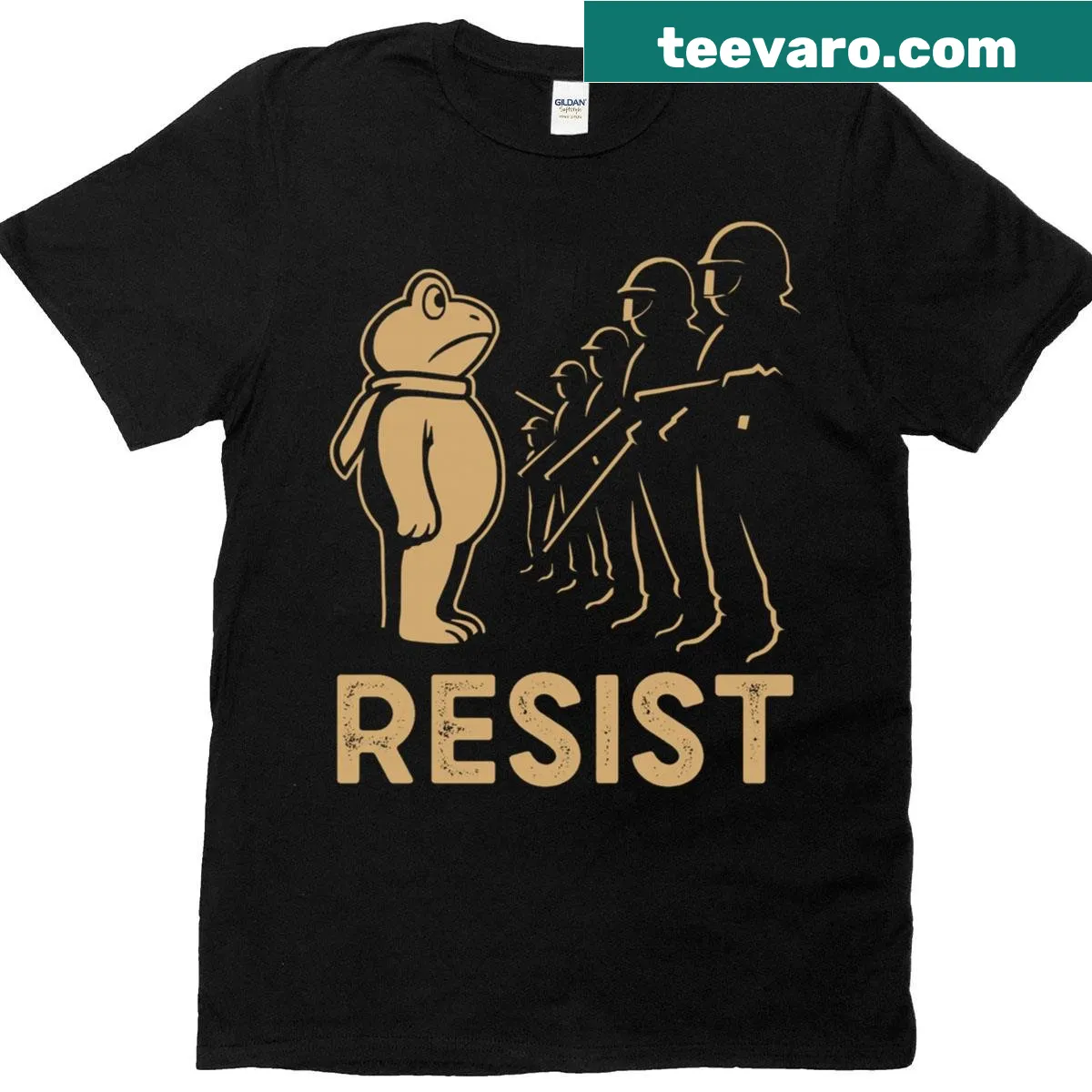 Frog-themed shirt with 'Frogs Resist' text — on a men's t-shirt