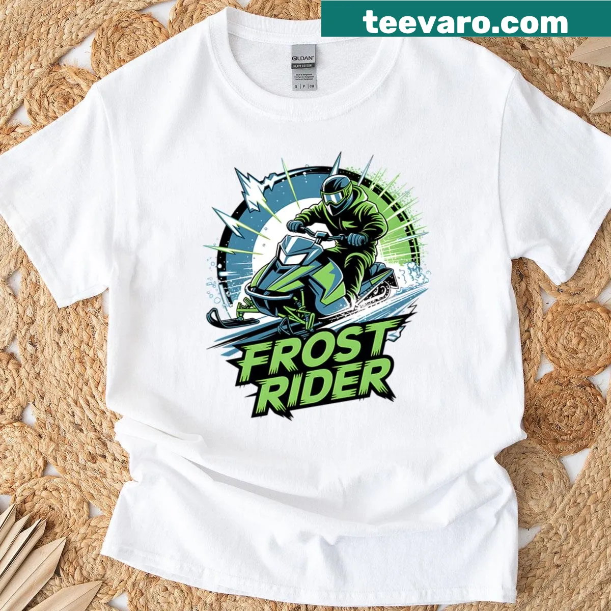Snowmobile graphic T-shirt depicting winter adventure and sports — on a men's t-shirt