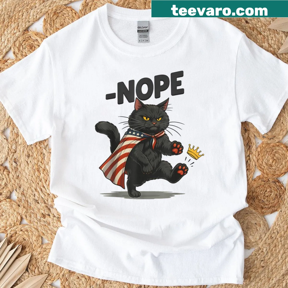 Funny T-shirt with black cat graphic and text about kings — on a men's t-shirt