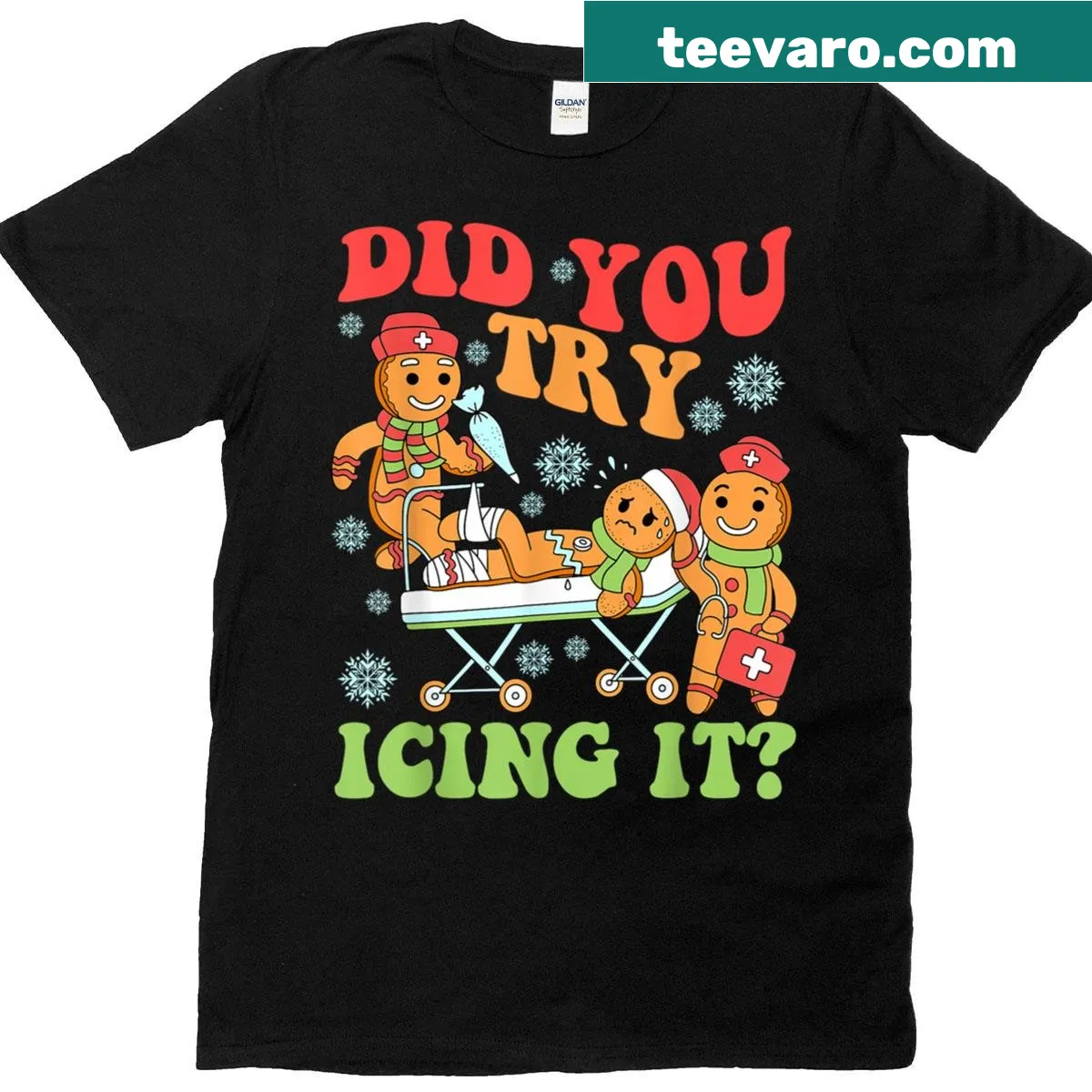 Funny retro Christmas nurse shirt with gingerbread graphic and text — on a men's t-shirt