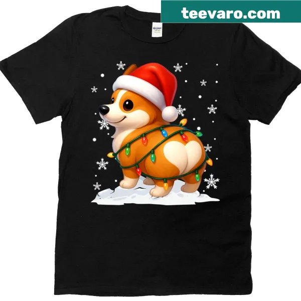 Corgi in a Santa hat with Christmas lights design.