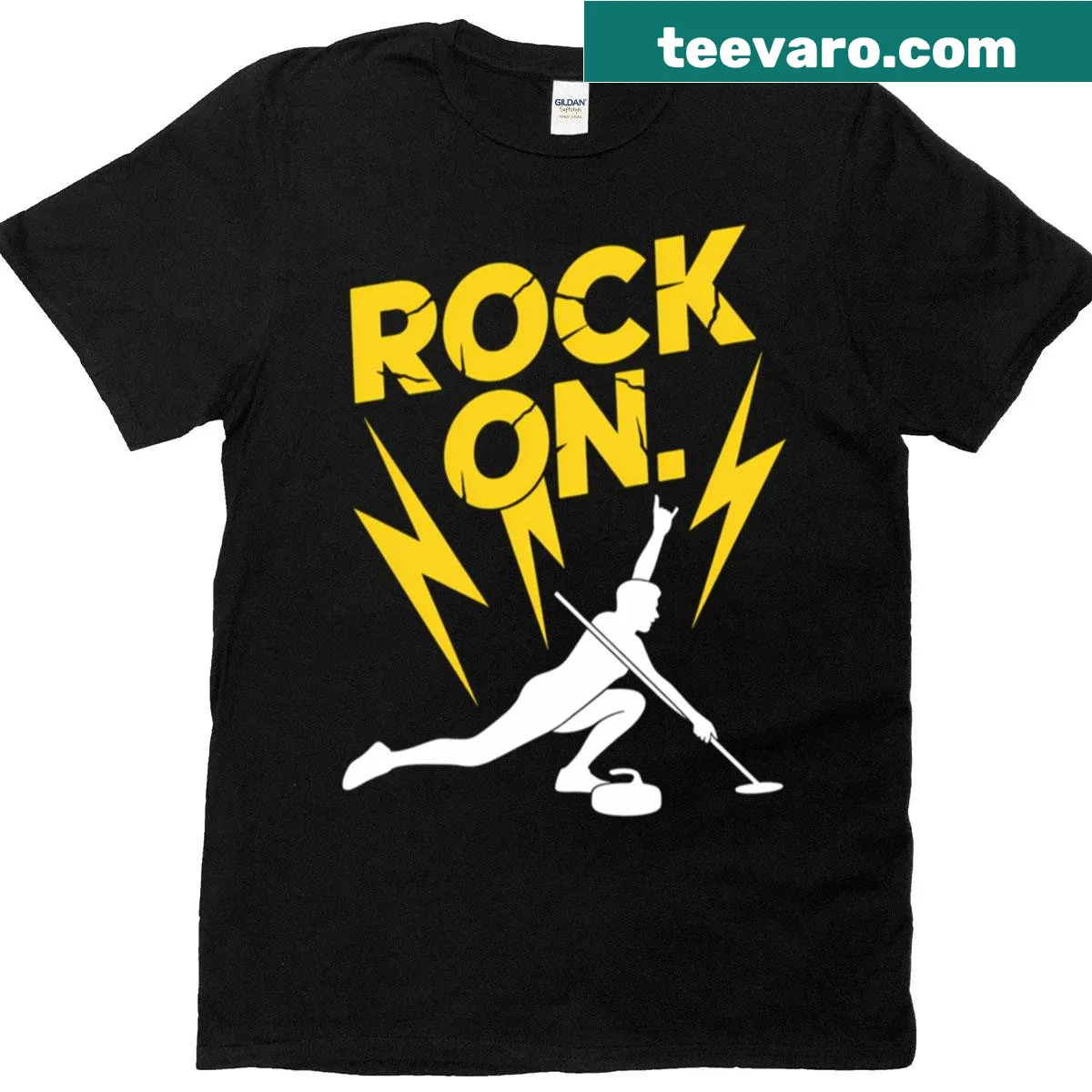 Funny curling T-shirt with graphic of stone and broom — on a men's t-shirt