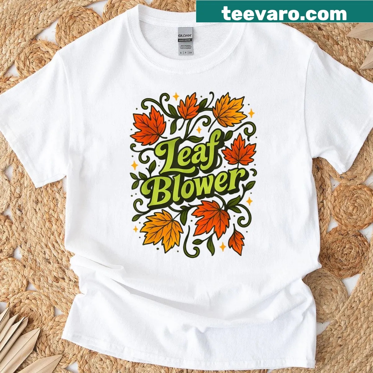 Funny leaf blower cartoon graphic t-shirt — on a men's t-shirt