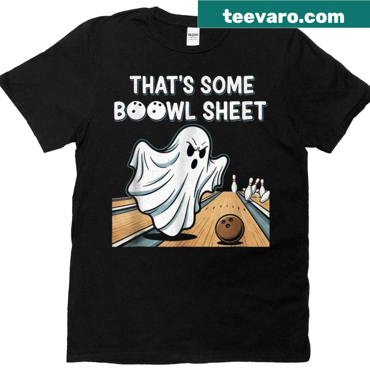 Ghost bowling graphic with a pun on Halloween theme. — on a men's t-shirt