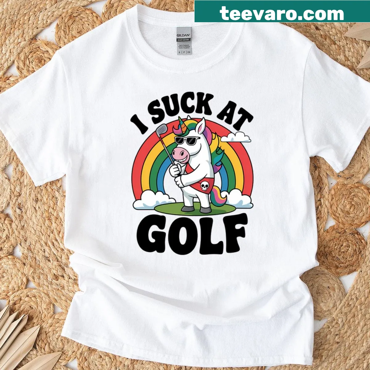 Cartoon unicorn golfing design on a funny T-shirt — on a men's t-shirt