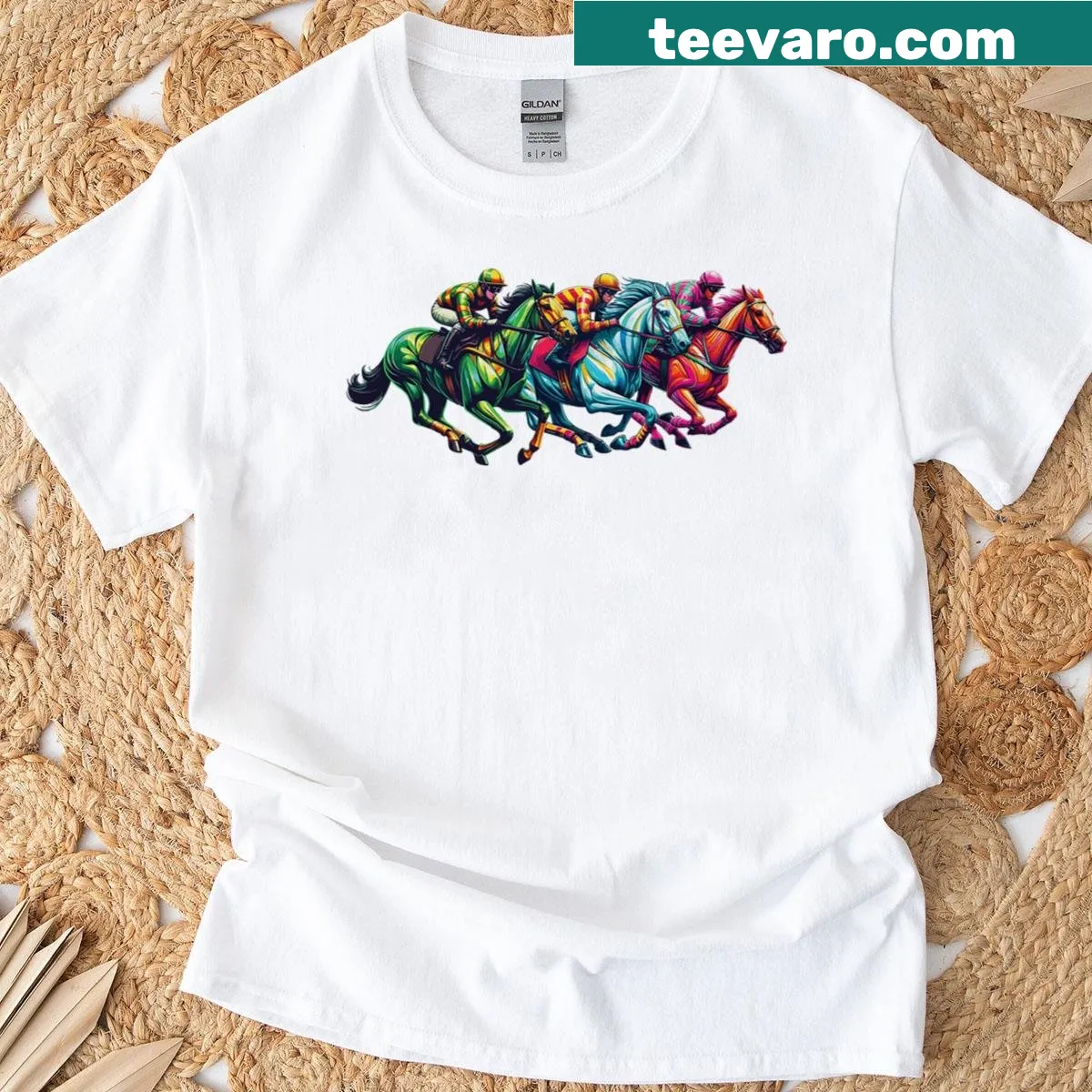 Playful horse racing shirt with jockey illustration — on a men's t-shirt