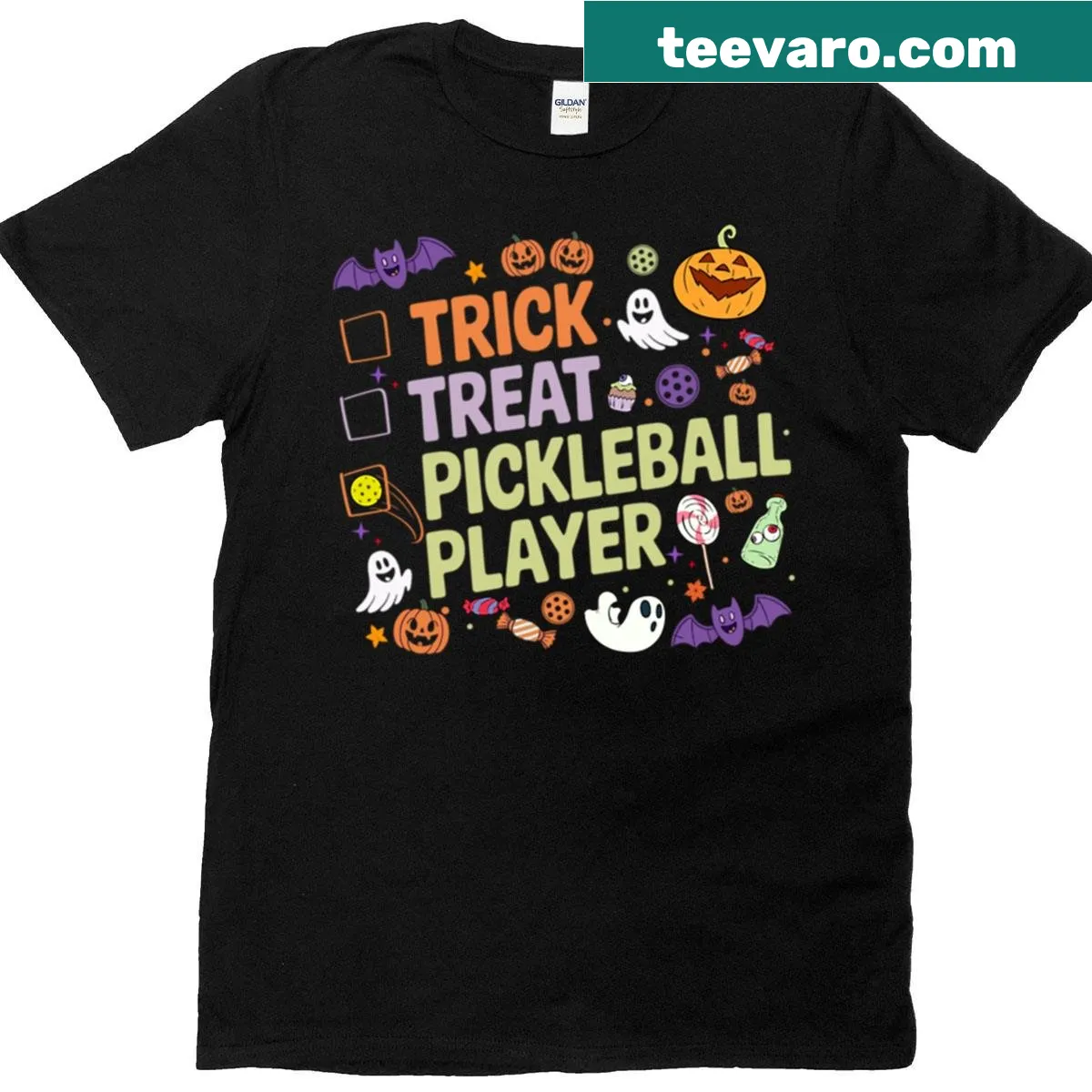 Halloween-themed pickleball design with ghosts and humor — on a men's t-shirt