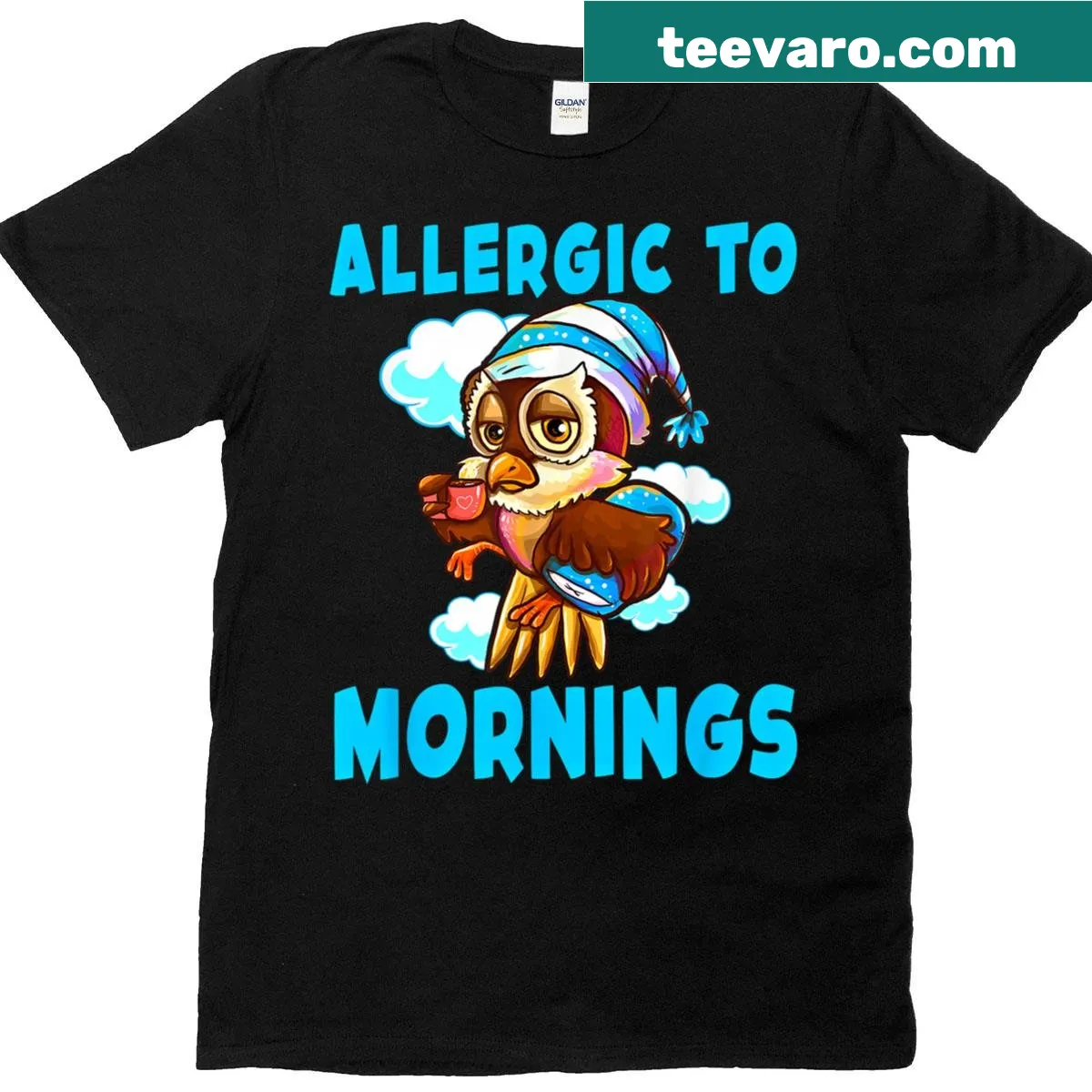 Cute owl graphic with 'Allergic To Mornings' text on a t-shirt. — on a men's t-shirt