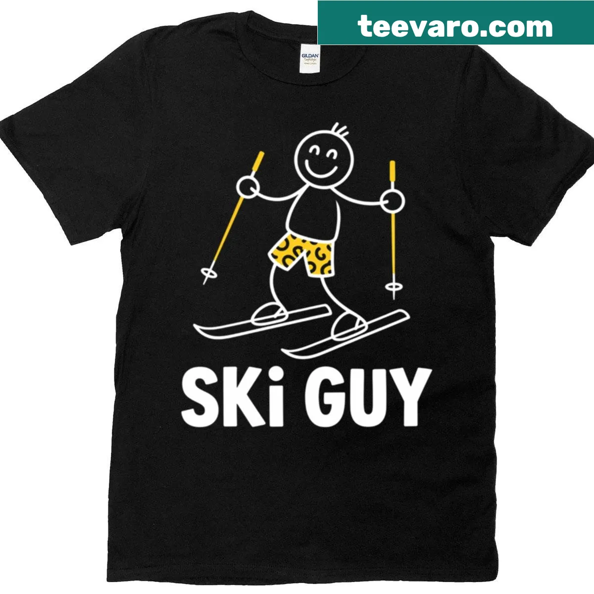 Funny skiing t-shirt with cartoon skier design — on a men's t-shirt