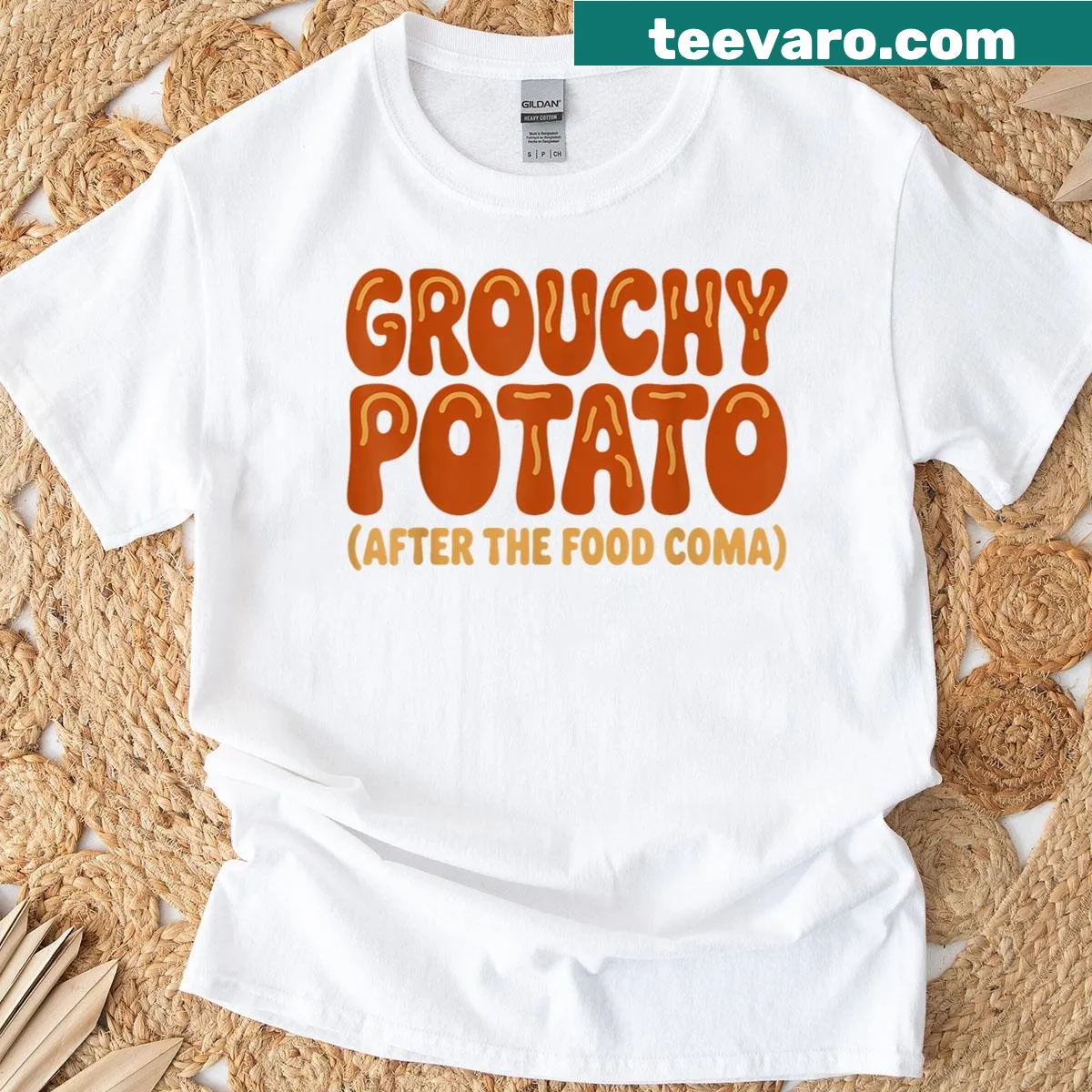 Thanksgiving-themed shirt with sweet potato illustration — on a men's t-shirt