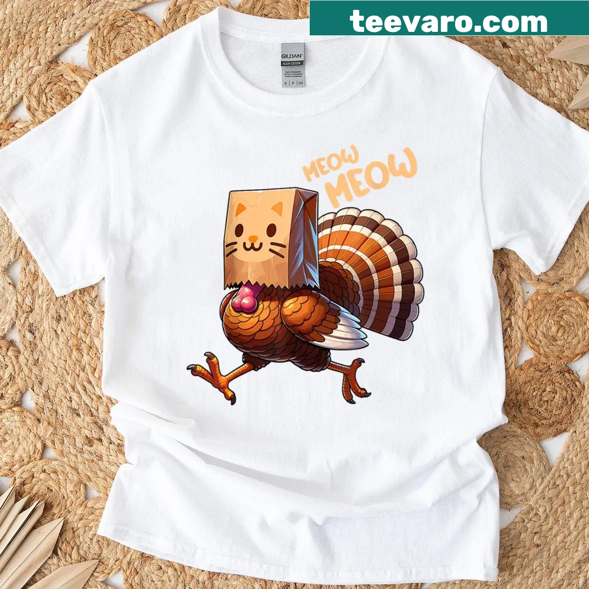 Cartoon cat with a humorous 'Meow' surrounded by Thanksgiving elements. — on a men's t-shirt