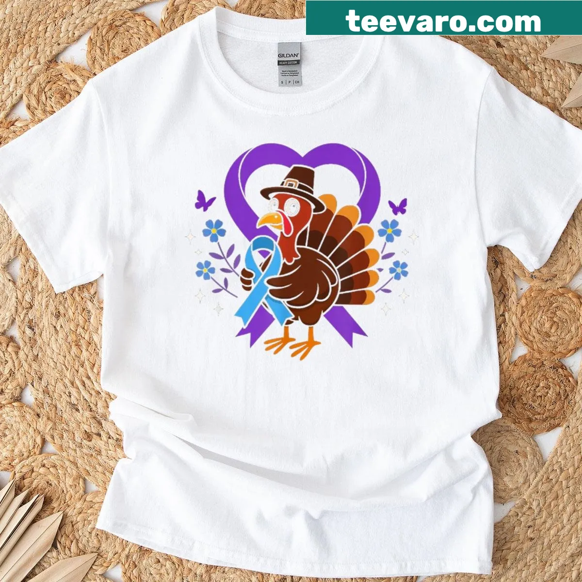 Thanksgiving T-shirt with funny turkey and blue ribbon design — on a men's t-shirt