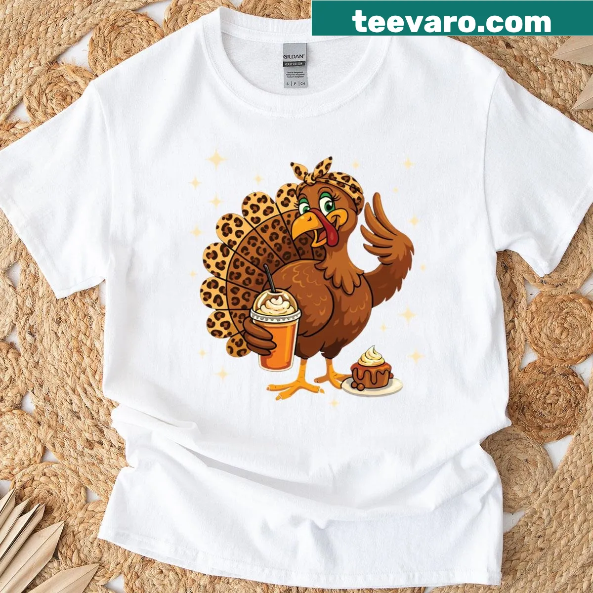 Cartoon turkey drinking coffee on a Thanksgiving-themed t-shirt — on a men's t-shirt