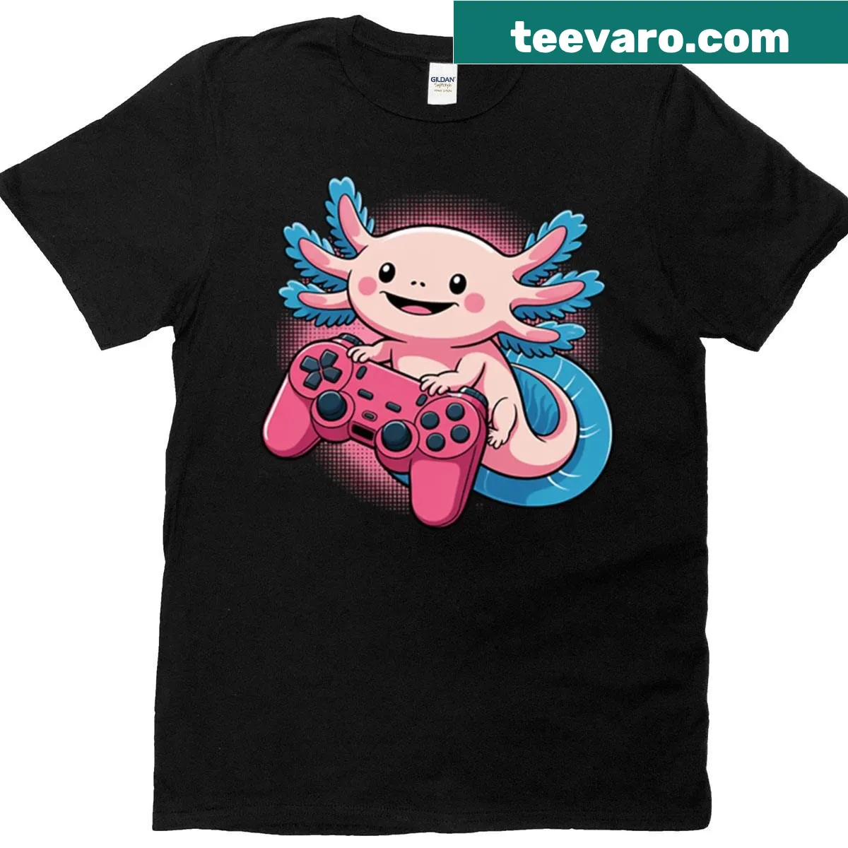 Kawaii axolotl gaming T-shirt with playful graphics — on a men's t-shirt