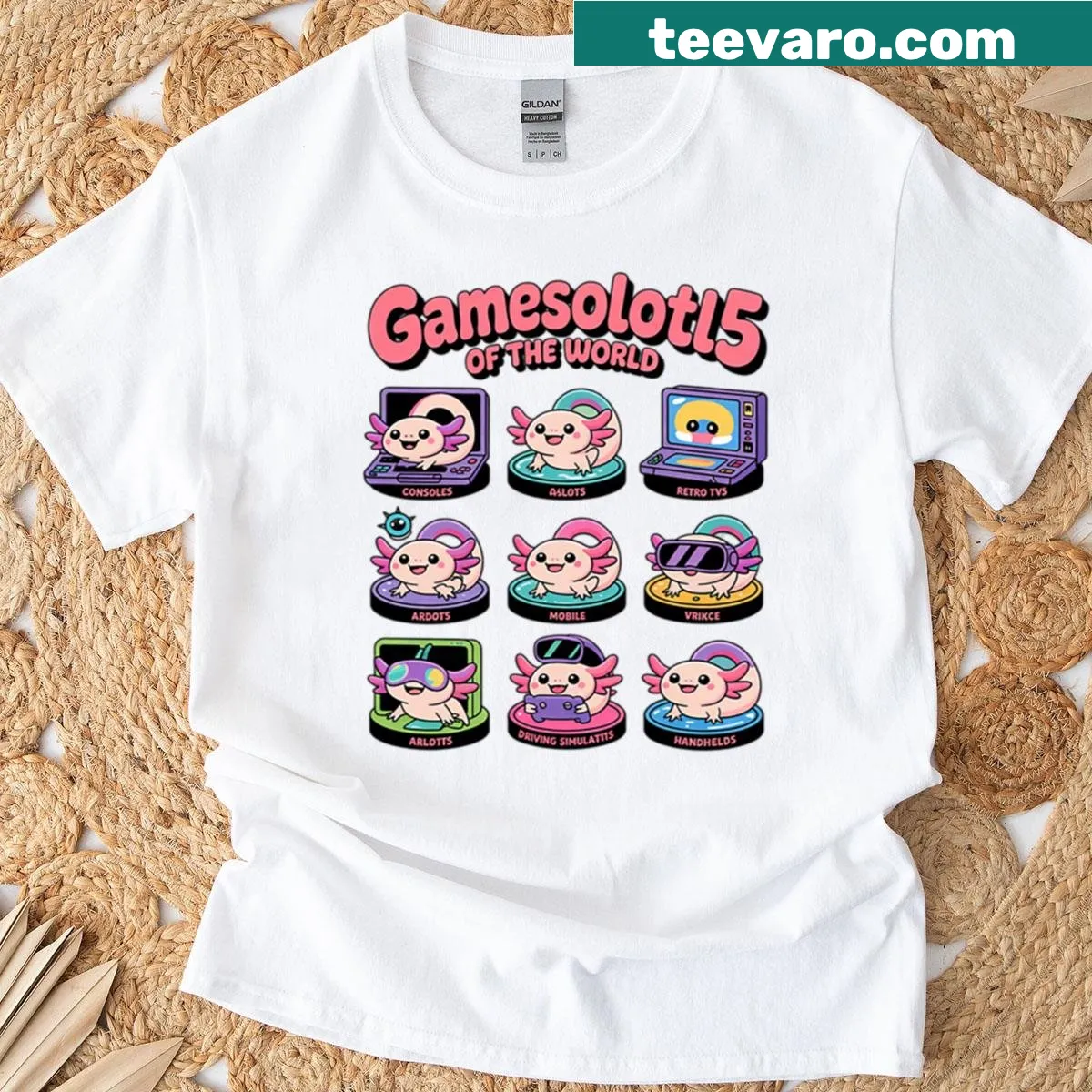 Illustrated axolotls celebrating diverse gaming cultures — on a men's t-shirt