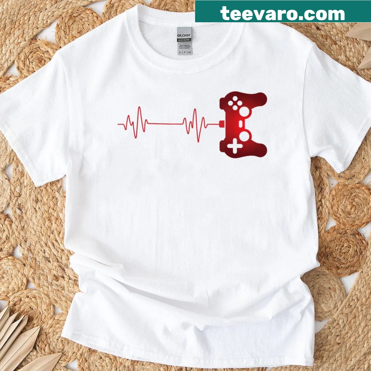 Heartbeat design with red controller on a gamer life t-shirt — on a men's t-shirt