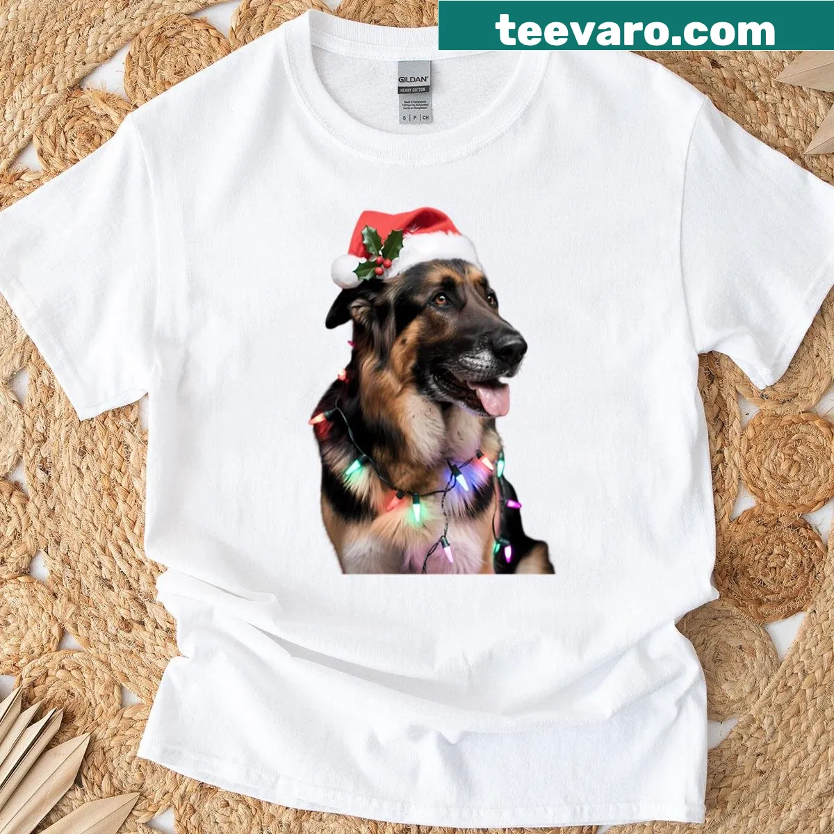 Christmas T-shirt featuring a German Shepherd and Christmas trees — on a men's t-shirt