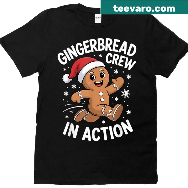 Funny Christmas T-shirt featuring an illustration of a gingerbread crew