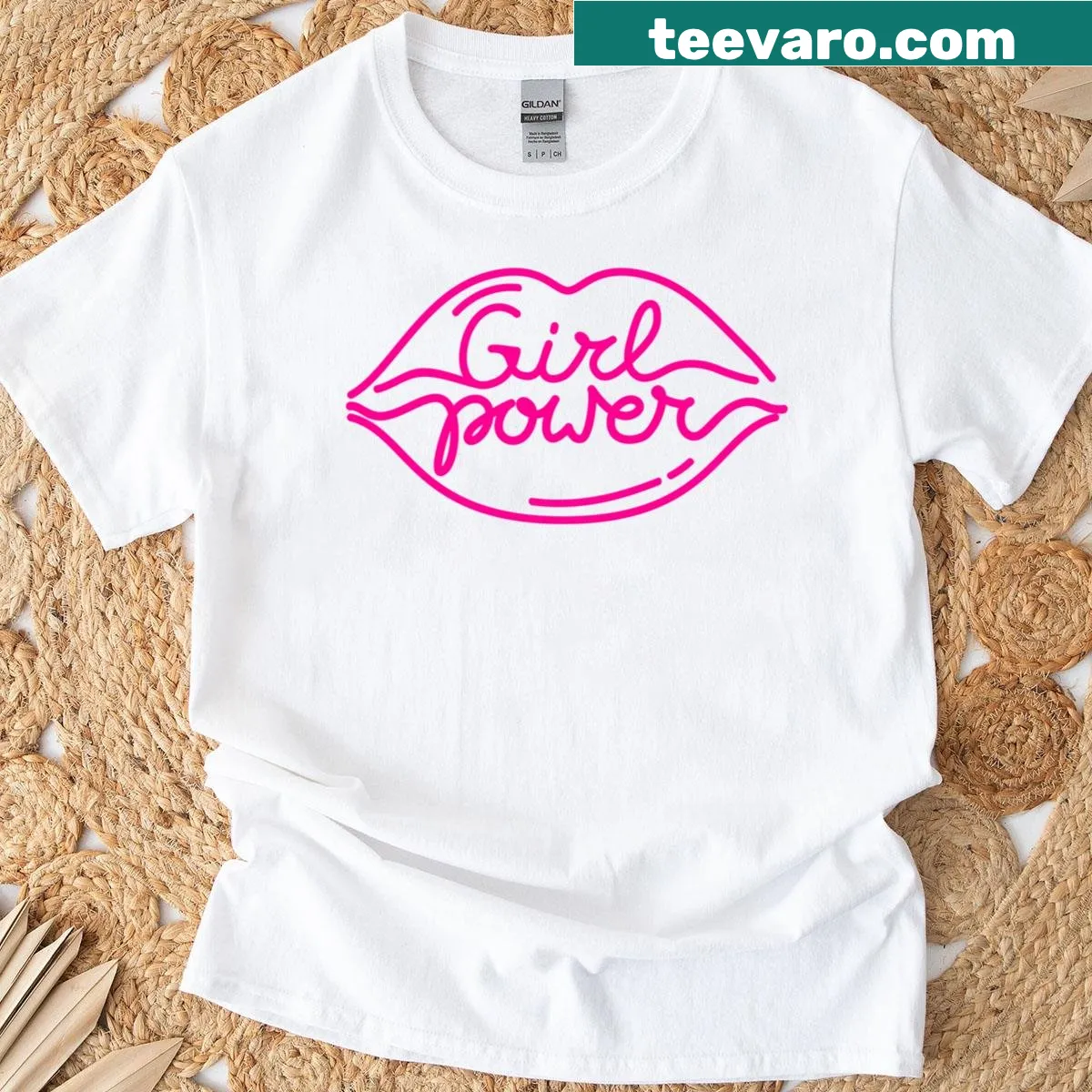 T-shirt featuring a quote about girl power and feminism with a kiss design. — on a men's t-shirt