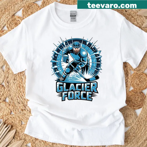 Hockey player graphic on Glacier Force sports t-shirt