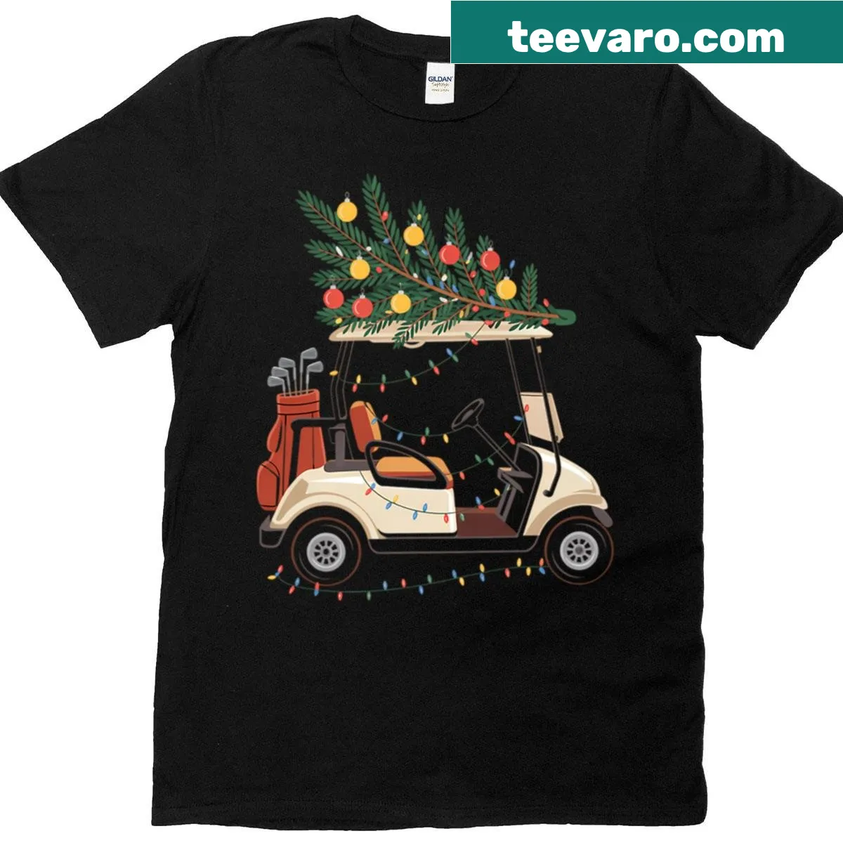 Fun Christmas T-shirt with golfing and tree lights design — on a men's t-shirt