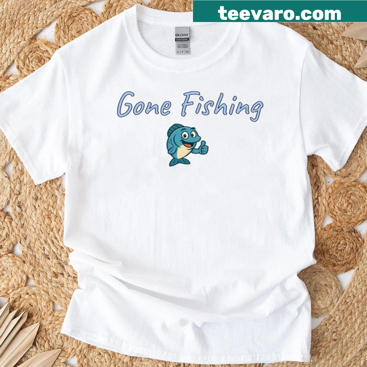 Illustration of fishing gear on a Gone Fishing t-shirt — on a men's t-shirt