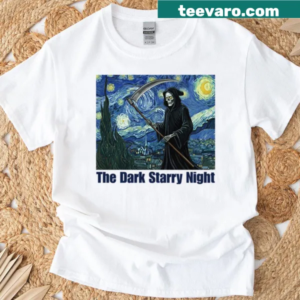 Artistic t-shirt featuring Grim Reaper and Van Gogh's starry night sky