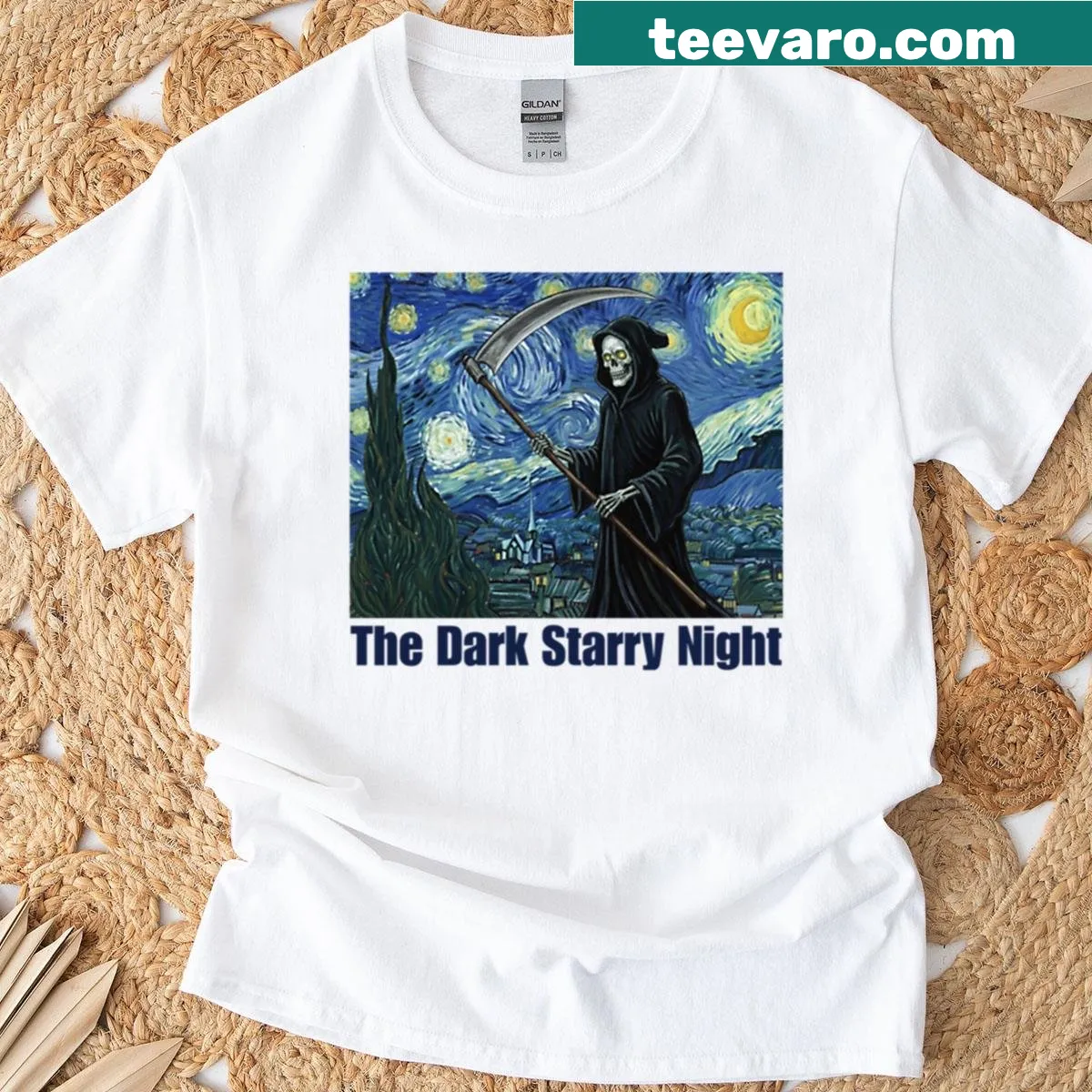 Artistic t-shirt featuring Grim Reaper and Van Gogh's starry night sky — on a men's t-shirt