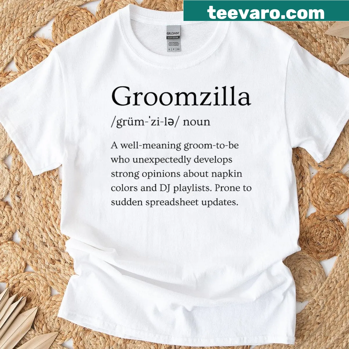 Humorous T-shirt for grooms with the text Groomzilla — on a men's t-shirt