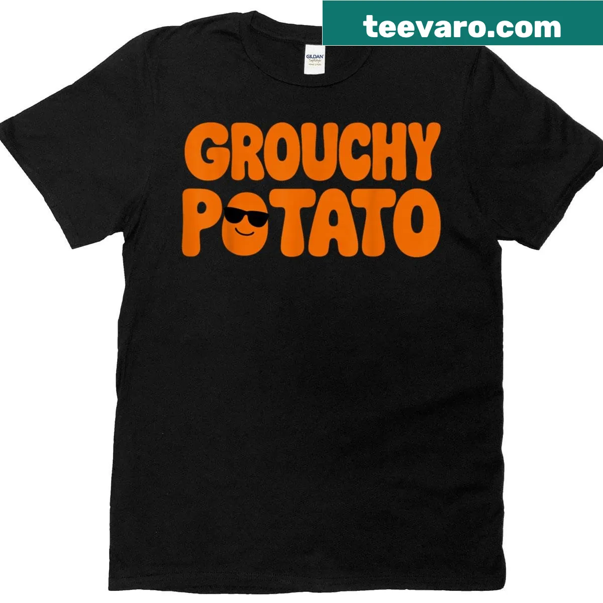 Couple's Thanksgiving t-shirt with grouchy potato and sweet potato cartoon. — on a men's t-shirt