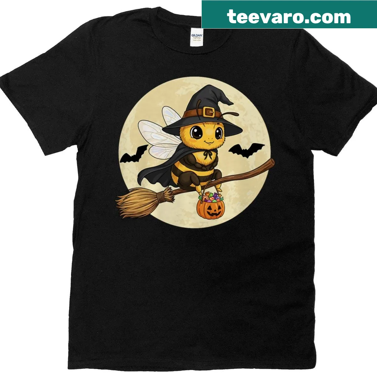 Bee as a witch flying on a broom design t-shirt — on a men's t-shirt