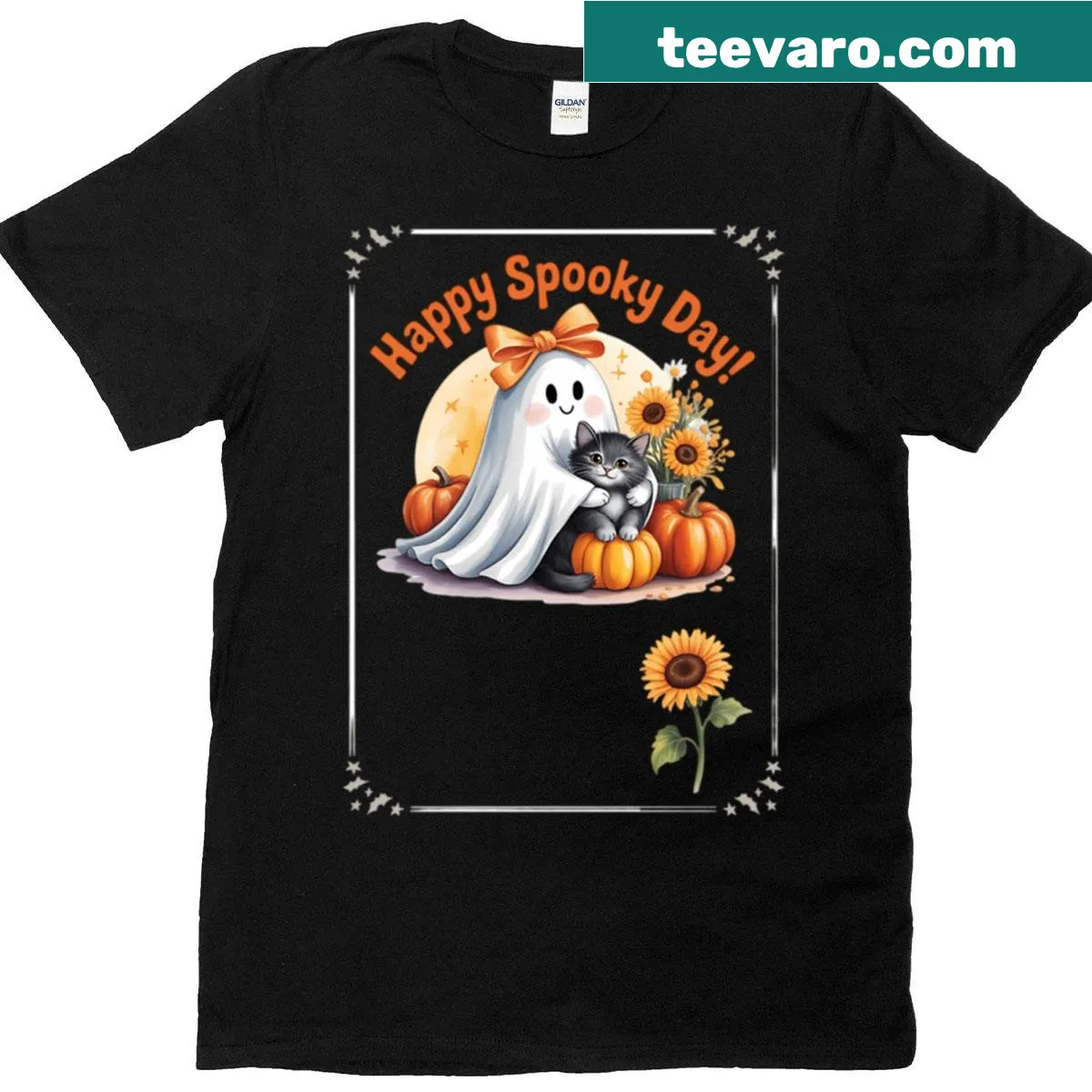 Halloween T-shirt featuring a black cat, ghost, and pumpkin illustration — on a men's t-shirt