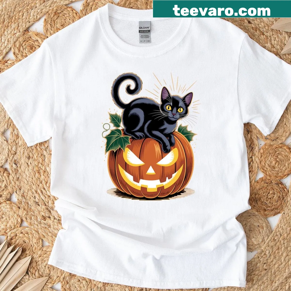 Black cat on pumpkin Halloween t-shirt — on a men's t-shirt