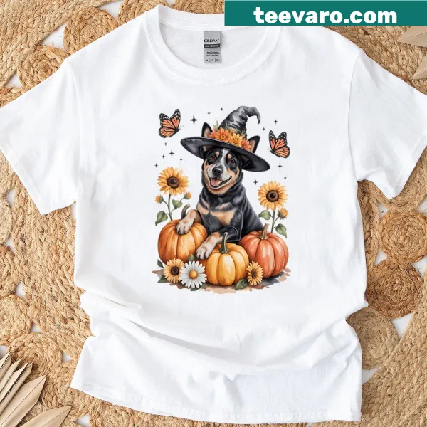 Illustration of a Blue Heeler dog with pumpkins and autumn flowers