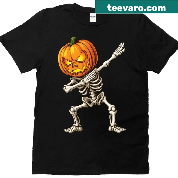 Cartoon Halloween t-shirt with dabbing Jack O' Lantern and skeleton