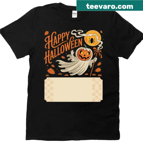 Cute Halloween t-shirt with pumpkins, ghosts, and autumn leaves design.