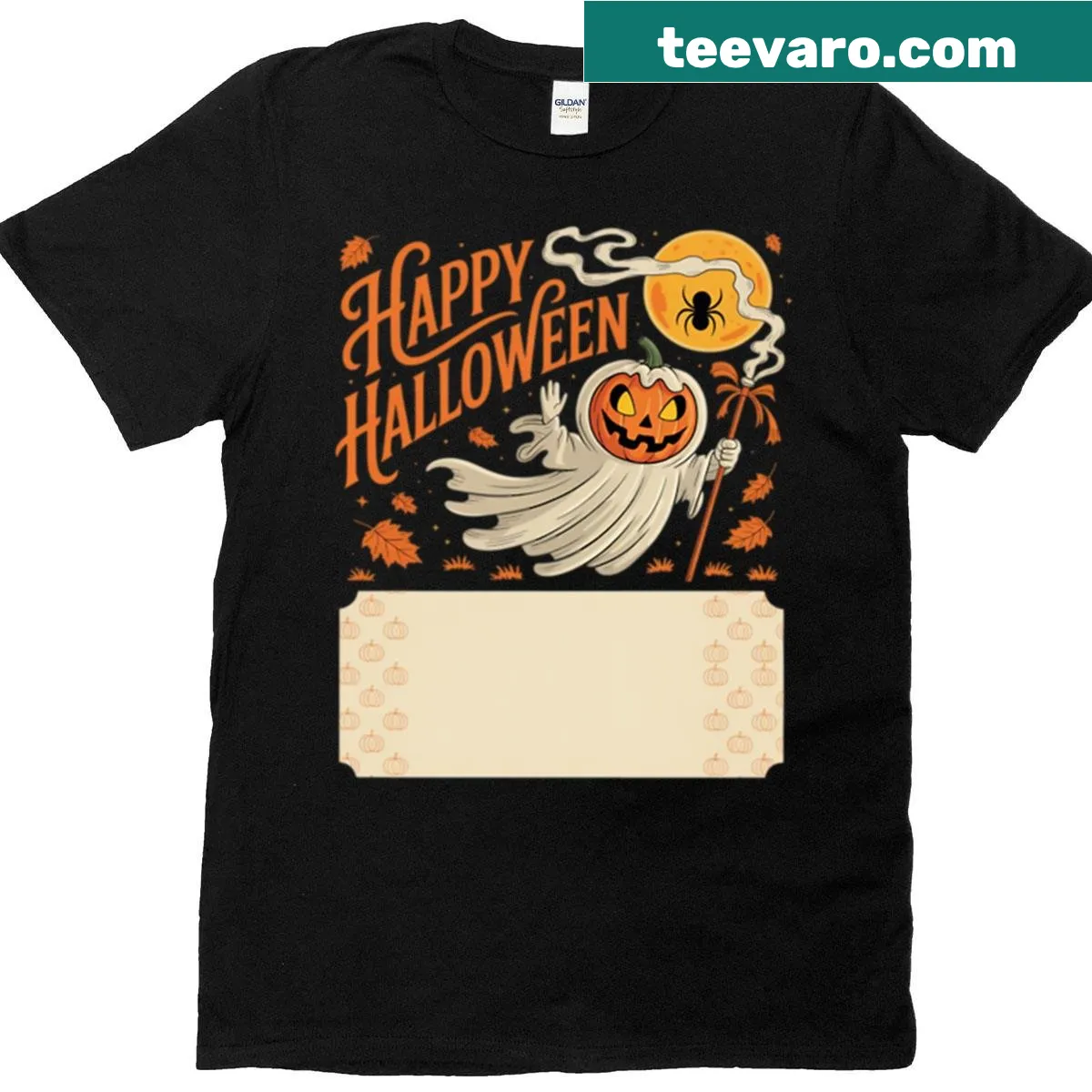 Cute Halloween t-shirt with pumpkins, ghosts, and autumn leaves design. — on a men's t-shirt