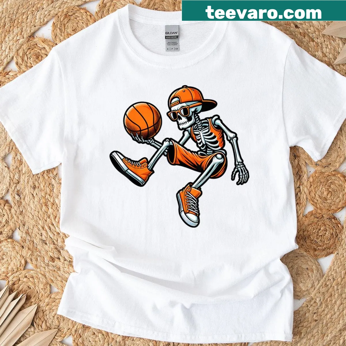 Funny Halloween basketball t-shirt featuring a skeleton playing basketball — on a men's t-shirt