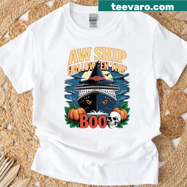 Spooky pumpkin on a cruise ship graphic for Halloween t-shirt