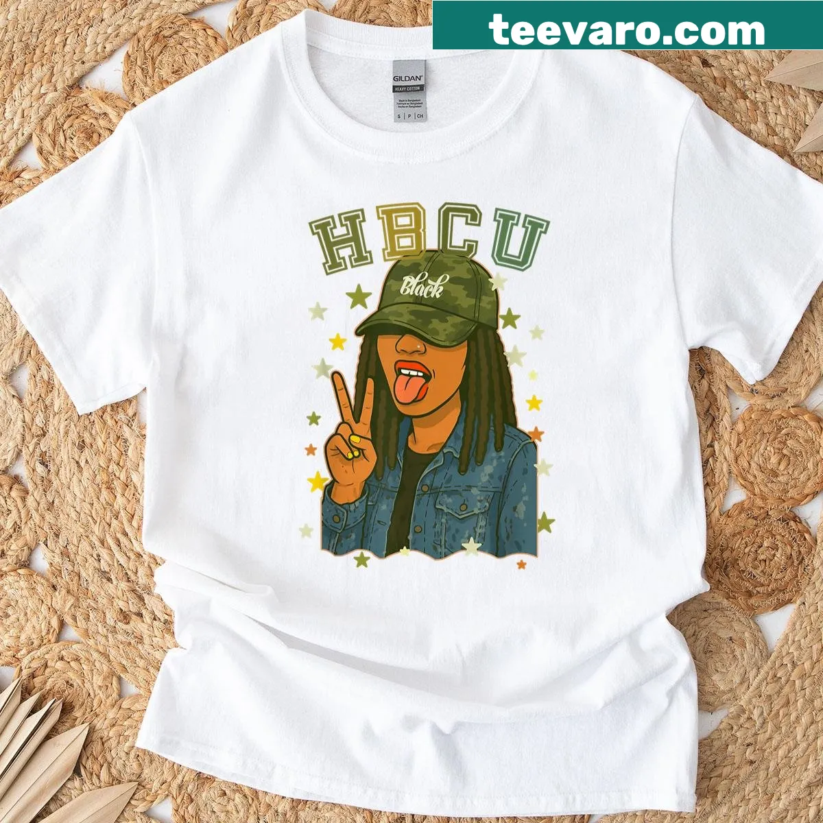 HBCU graduation tee with a silhouette of a Black woman making a peace sign — on a men's t-shirt