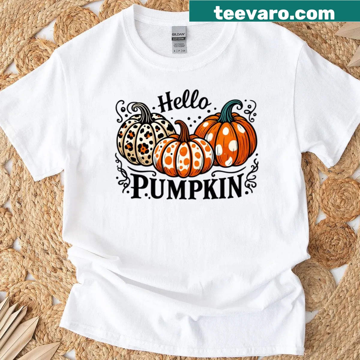 Three polka dot pumpkins in a whimsical autumn design — on a men's t-shirt