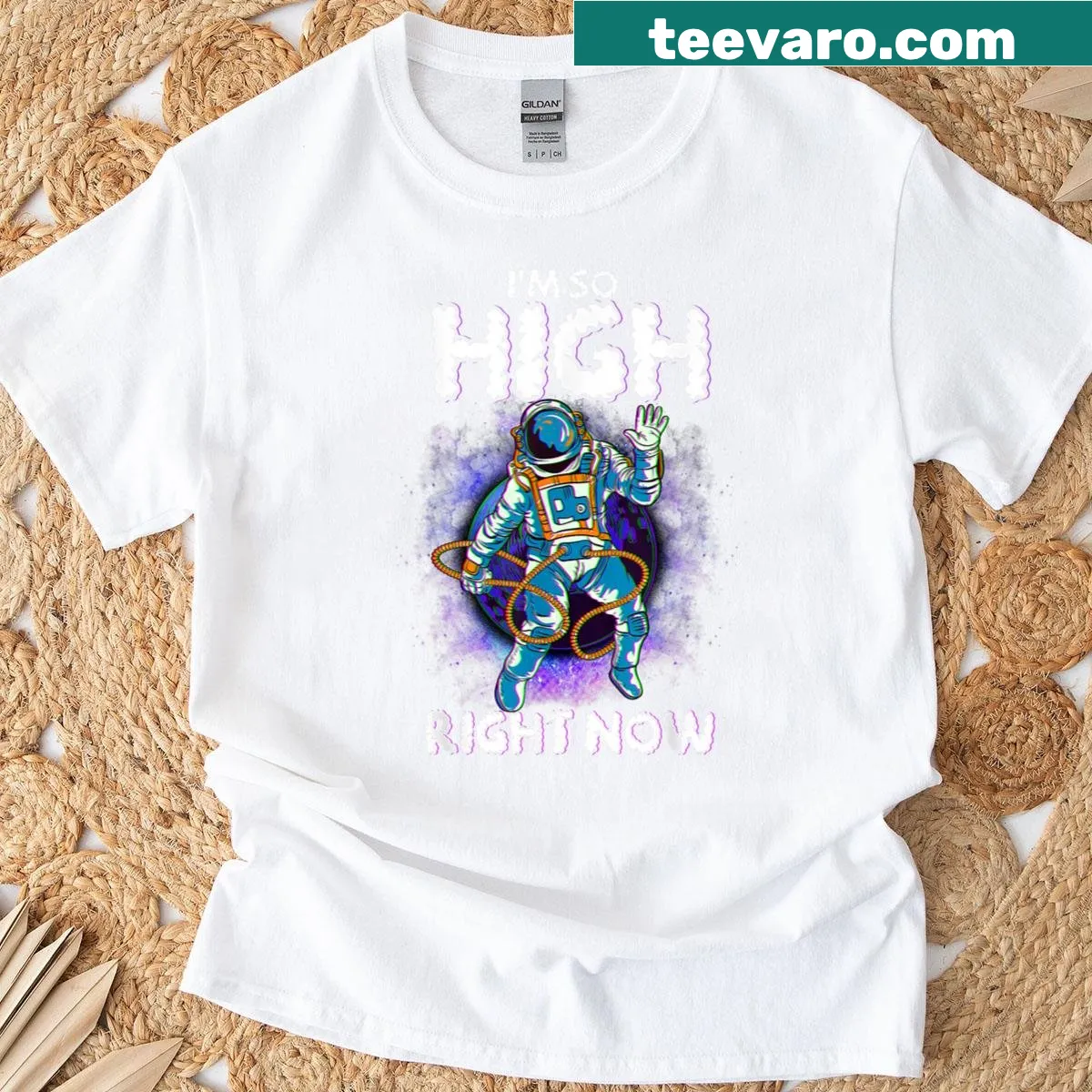Funny astronaut design on High Right Now T-shirt — on a men's t-shirt