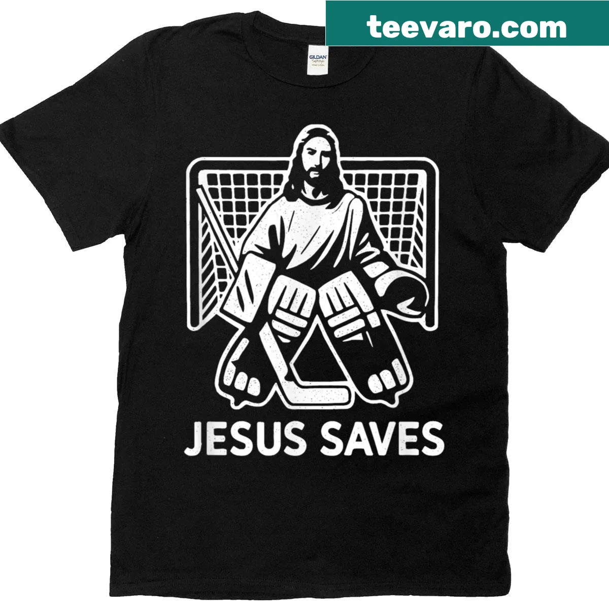 Christian hockey t-shirt with a 'Jesus Saves' message for goalies — on a men's t-shirt