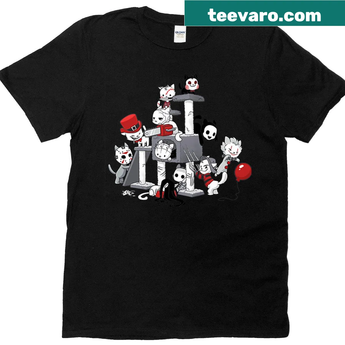 Illustrated Halloween T-shirt featuring spooky cats in humorous settings — on a men's t-shirt