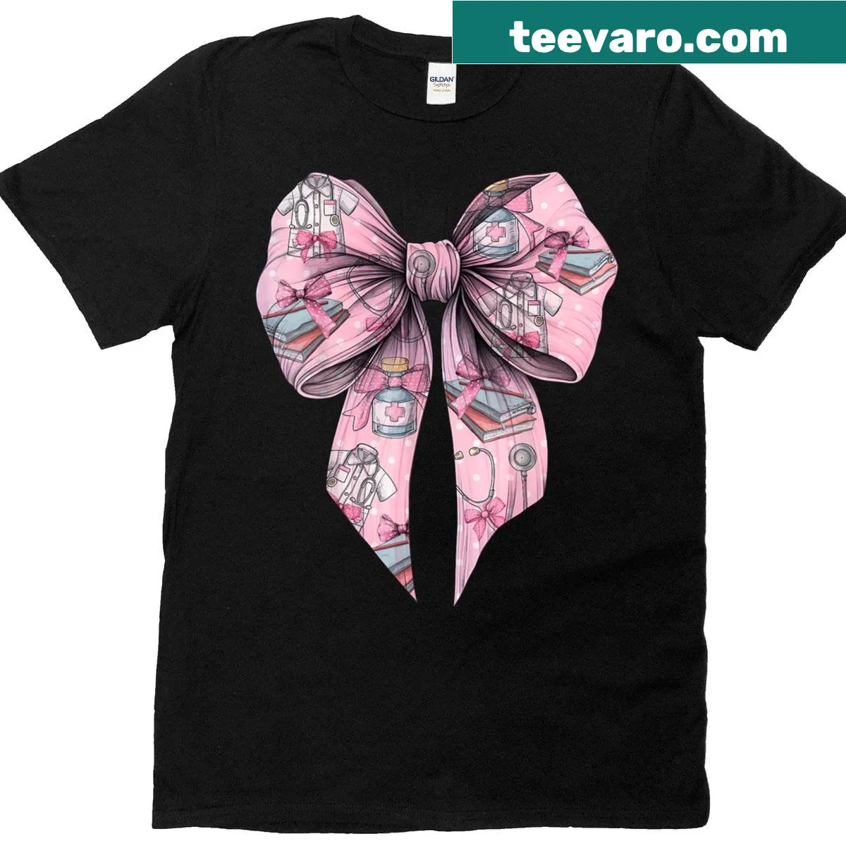 Nurse t-shirt featuring pink bow and nursing graphic — on a men's t-shirt